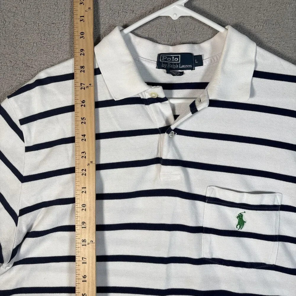 Polo By Ralph Lauren Polo Shirt Men’s Size L White Navy Blue Stripes Green‎ Pony